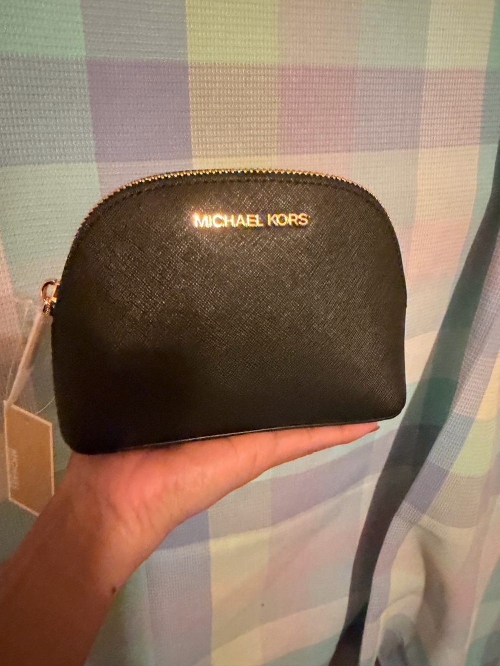 Michael Kors Black Saffiano Leather Zip Cosmetic Case with Gold Logo